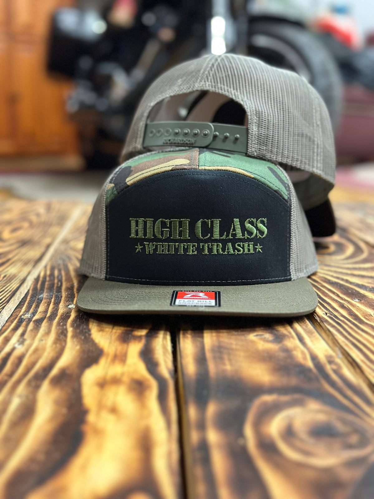 HCWT 7 Panel Flat Bill Trucker Cap - Black/Green/Camo/Loden