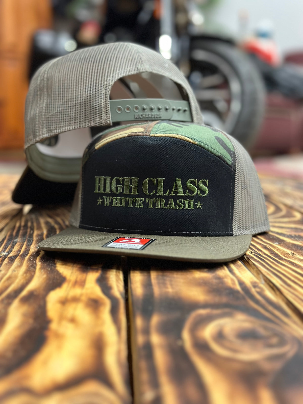 HCWT 7 Panel Flat Bill Trucker Cap - Black/Green/Camo/Loden